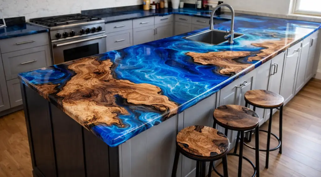 wood in epoxy kitchen countertop
