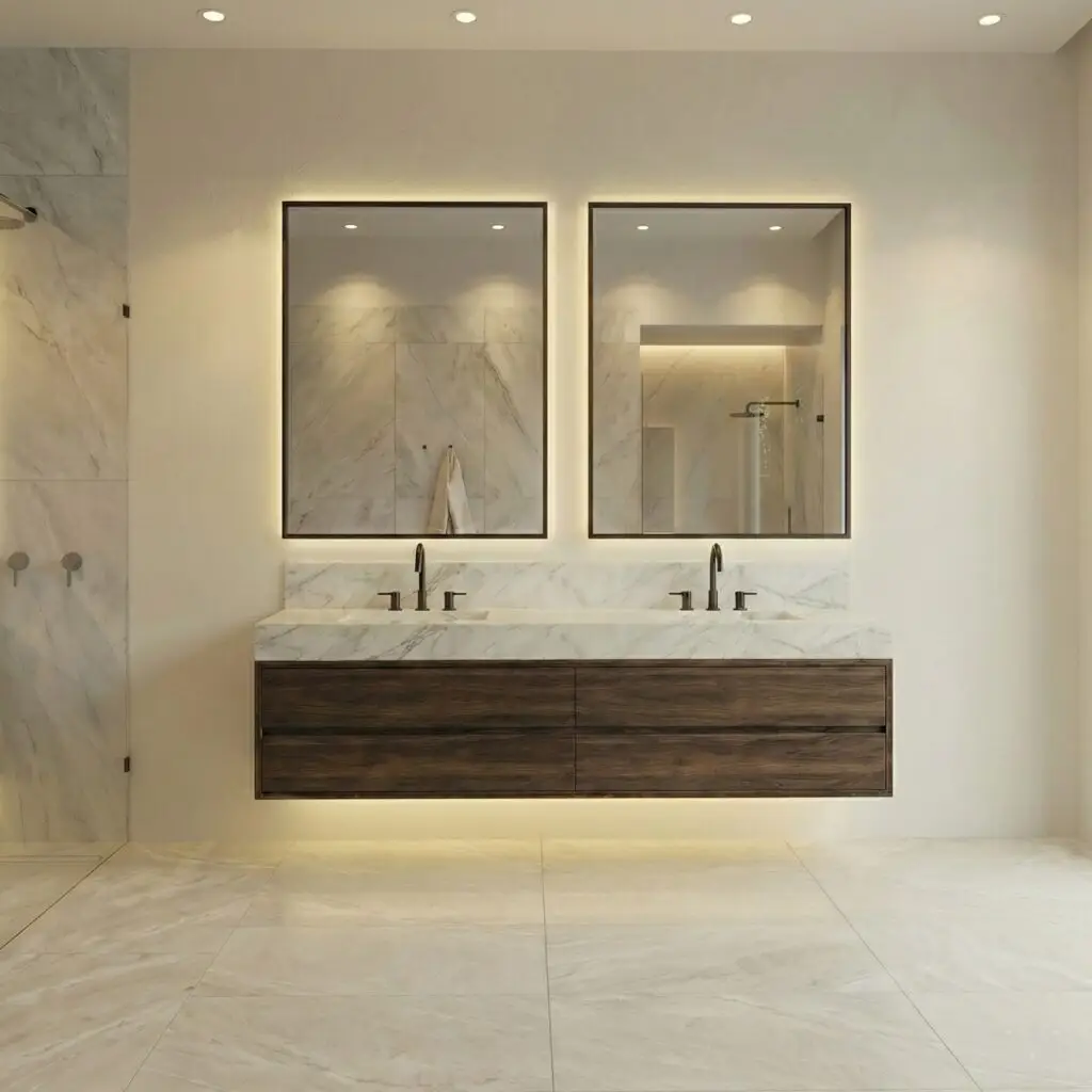 floating bathroom vanities with LED underglow lighting and quartz countertop