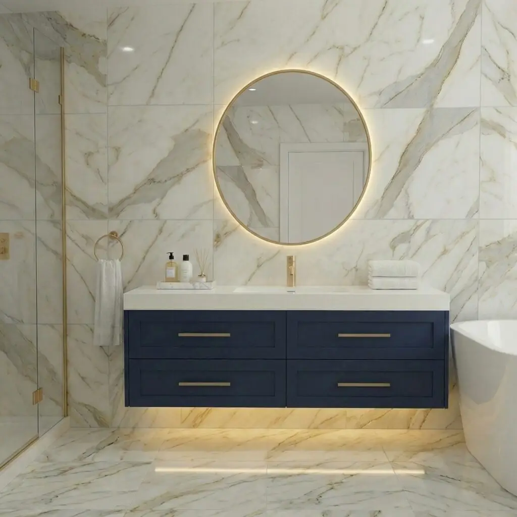 single sink bathroom vanities with painted MDF cabinet and stone countertop