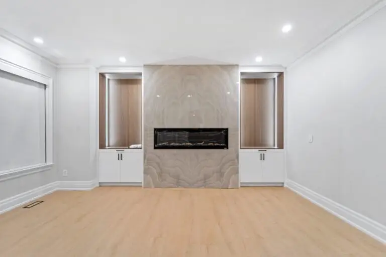 Dining room custom wall unit with walnut veneer and fireplace