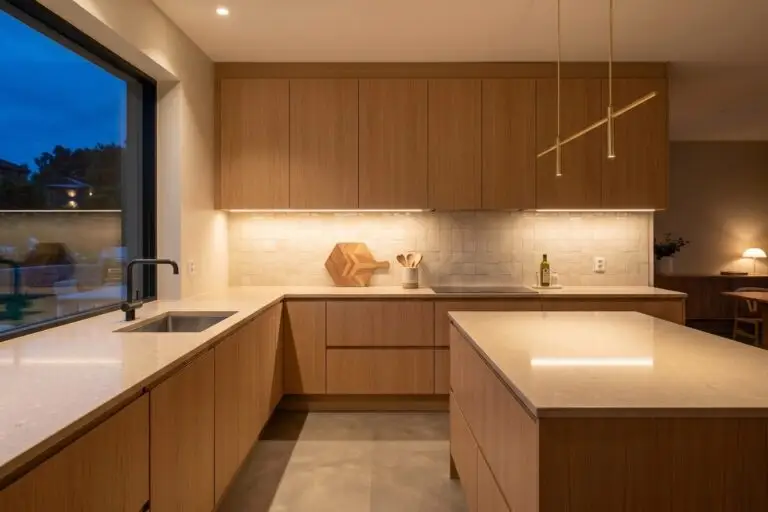 kitchen lighting design with warm 3000K LED under cabinet lighting in modern kitchen