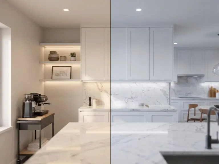 warm vs cool lighting kitchen comparison showing 3000K and 5000K lighting difference