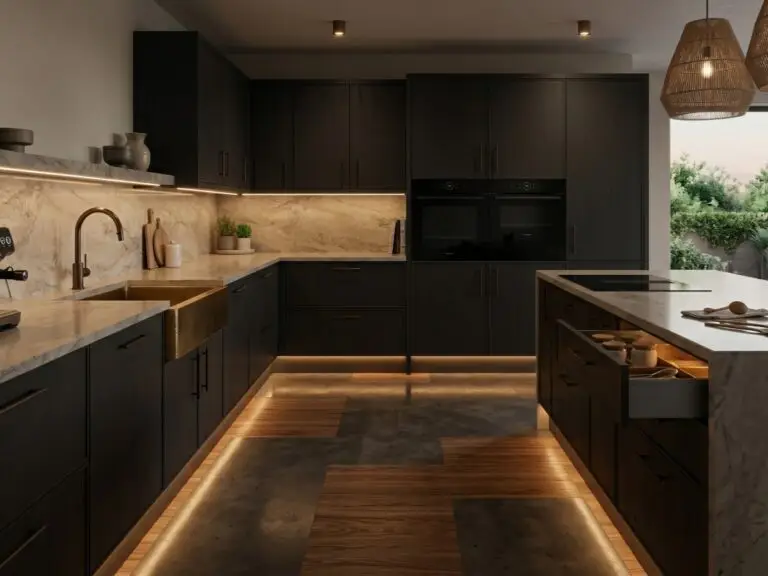 kitchen lighting design GTA with toe kick LED lighting creating ambient floor glow