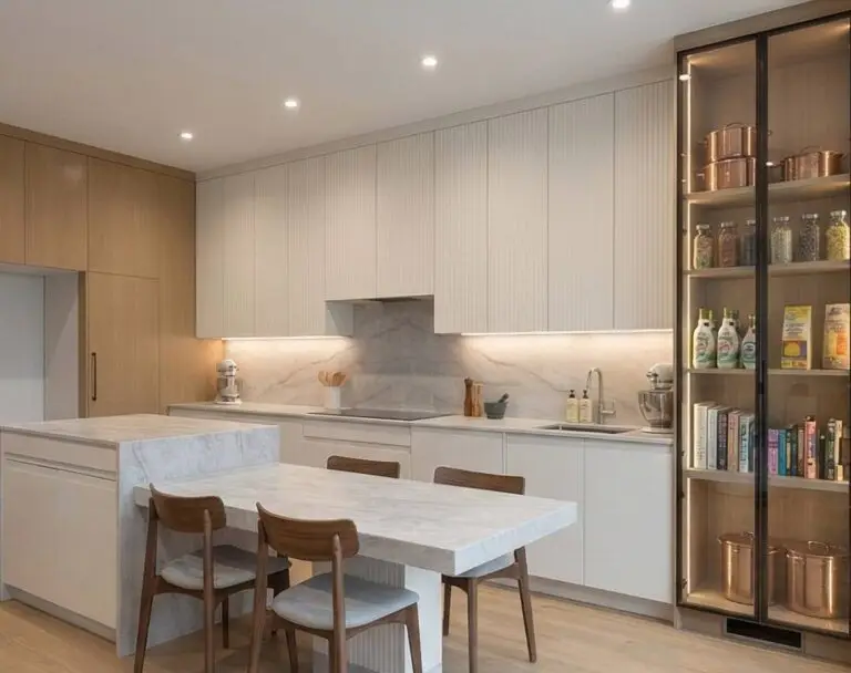 Custom kitchen storage solutions with pull out bin and inset drawers