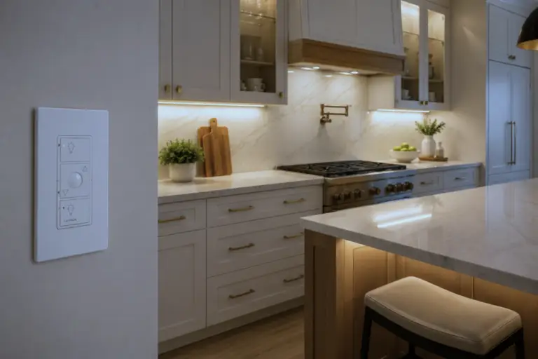 smart kitchen lighting with Lutron Caséta switch and under cabinet LED lighting