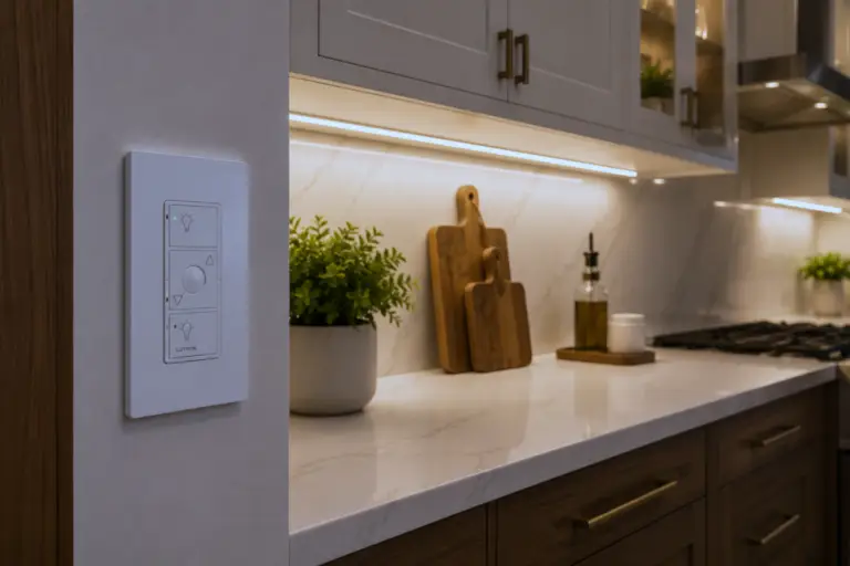 kitchen cabinet lighting controlled by Lutron Caséta smart switch