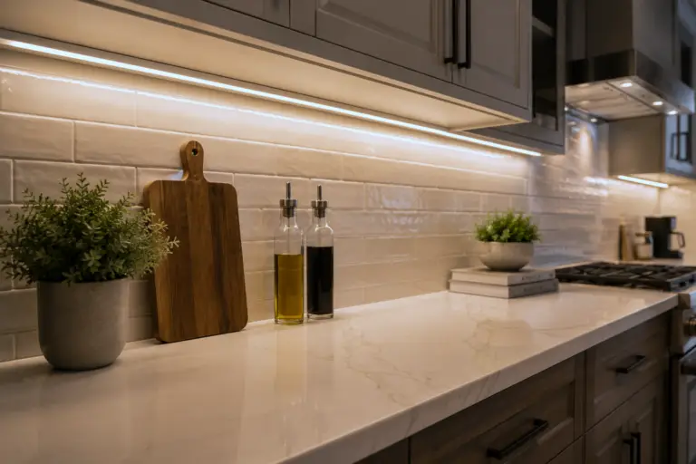 under cabinet LED lighting in modern custom kitchen