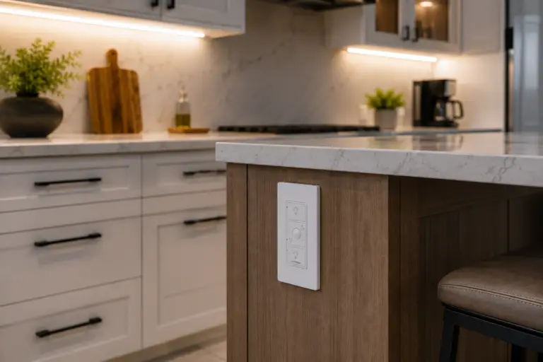 wireless Pico remote installed beside custom kitchen cabinetry