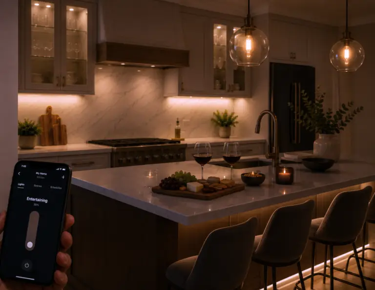 smart kitchen lighting scene with dimmed cabinet lighting for entertaining