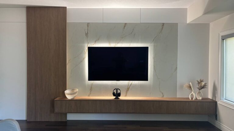 custom millwork Hamilton media wall with smart lighting controls