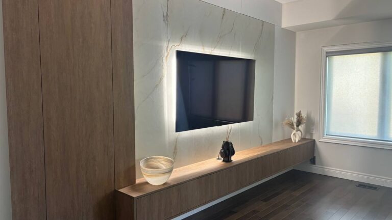 TV wall unit Hamilton with handleless drawers and smart switch lighting