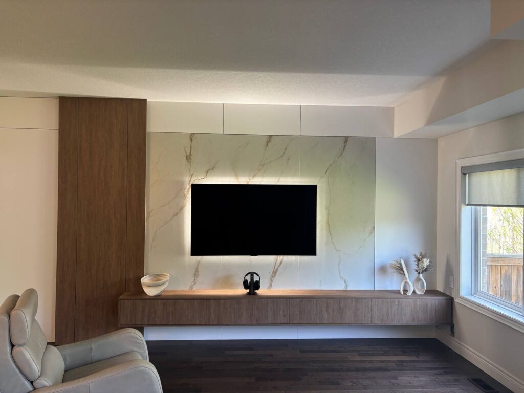 Media Wall Hamilton with wall panels slab tiles and integrated LED lighting