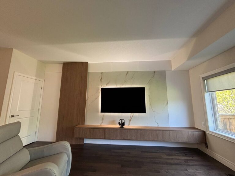 custom millwork Hamilton media wall with smart lighting controls