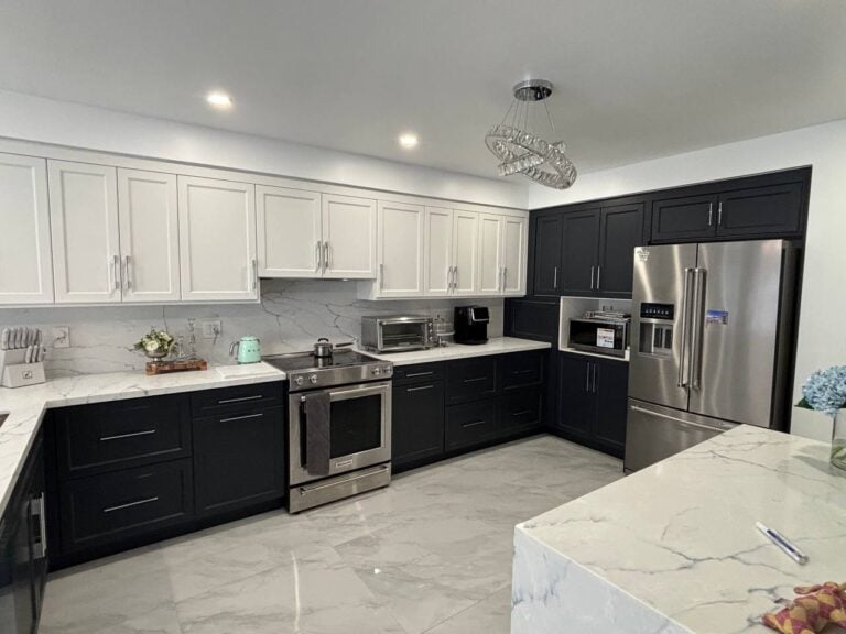 Kitchen Renovation North York with two-tone kitchen cabinets and waterfall countertops