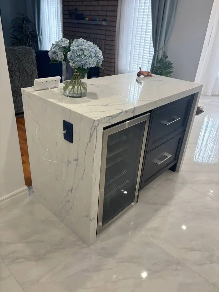 waterfall countertops in custom two-tone kitchen renovation North York