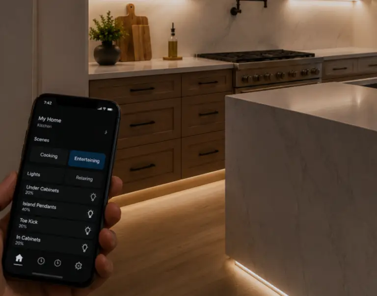 smart kitchen lighting app with dimmed cabinet lighting for entertaining
