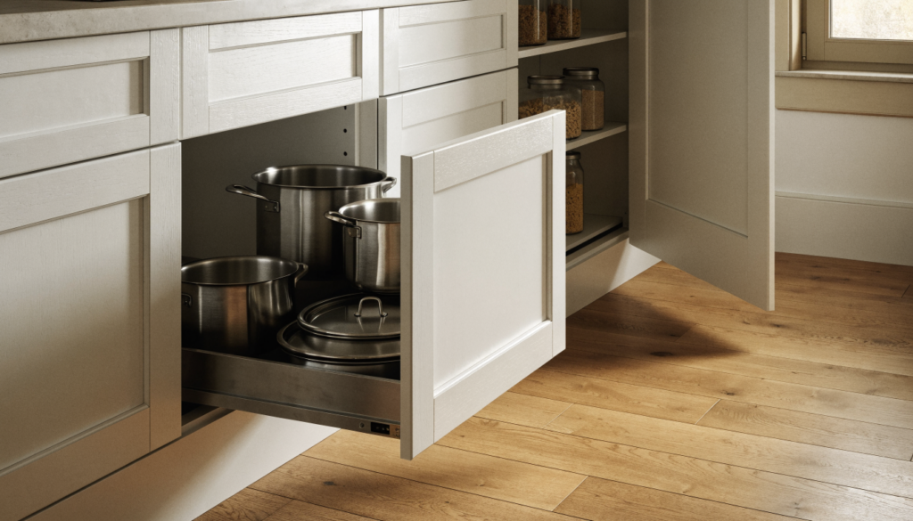 a kitchen pot drawer and accessible pantry storage