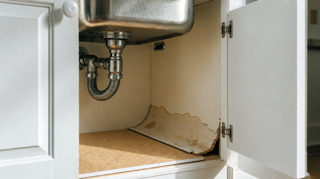 Water-damaged sink-base cabinet with peeling panels and an open door showing its interior face