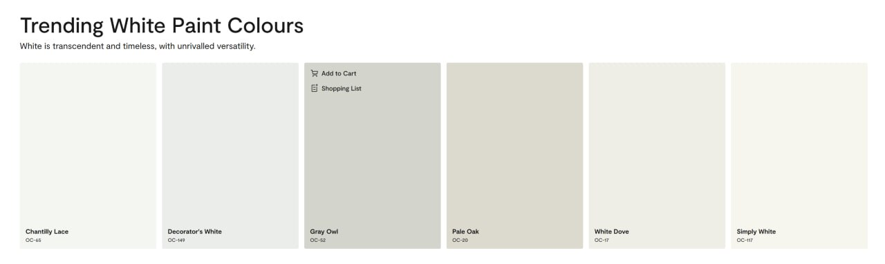 Benjamin Moore trending whites: Chantilly Lace, Decorator’s White, Gray Owl, Pale Oak, White Dove and Simply White